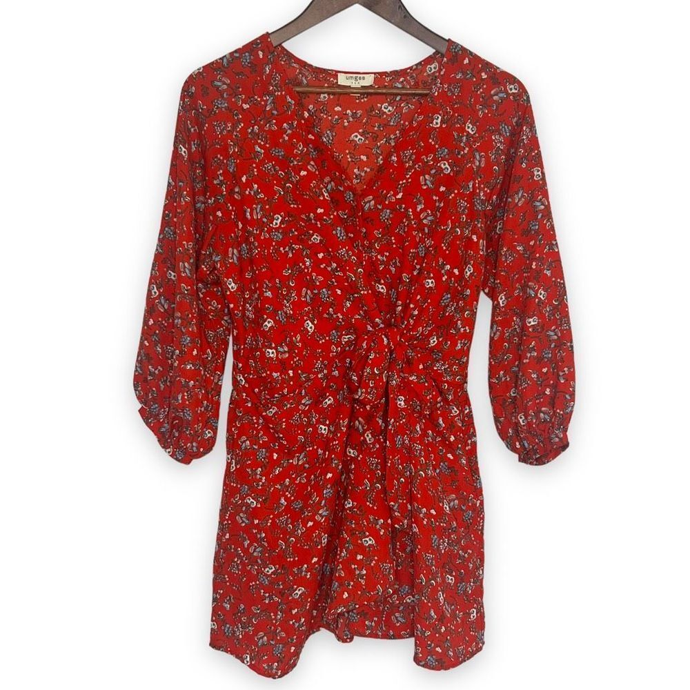 Umgee Red Multi Floral Faux Wrap Tie 3/4 Balloon Sleeve Dress Size Small‎